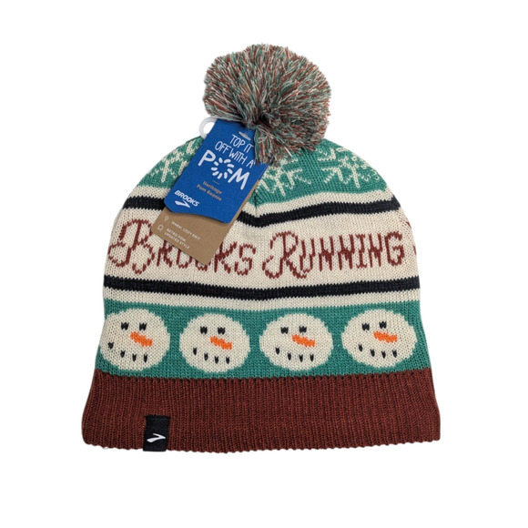 Brooks Other - Brooks Running Unisex Hat New Beanie Run Merry Pom Beanie Snowman Green Maroon